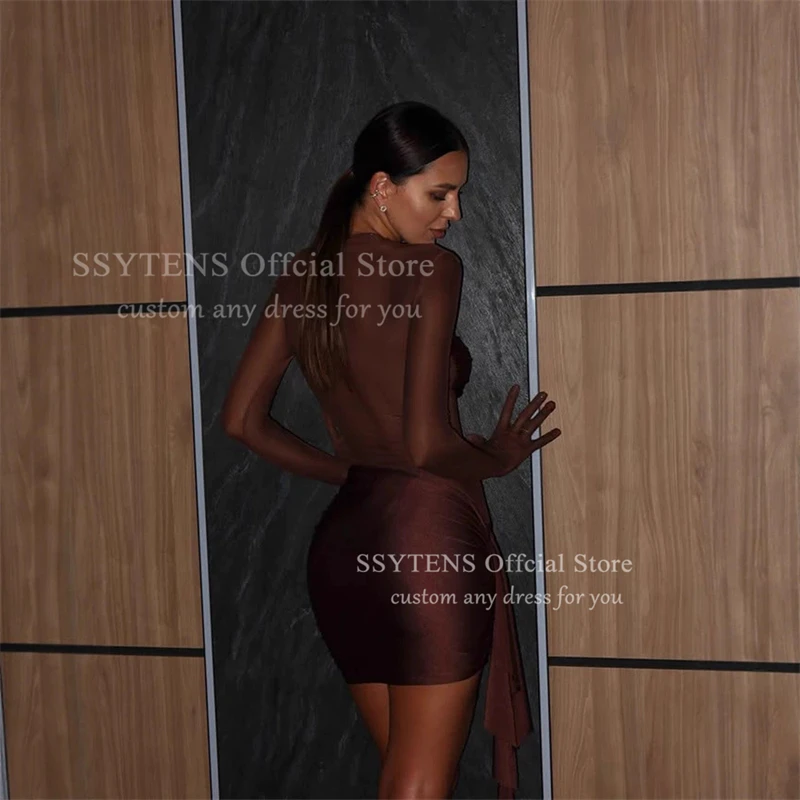 SSYTENS Gaun Malam Pendek Coklat Modern Gaun Koktail Lengan Penuh Ilusi Gaun Pesta Malam Klub Berlipat Disesuaikan