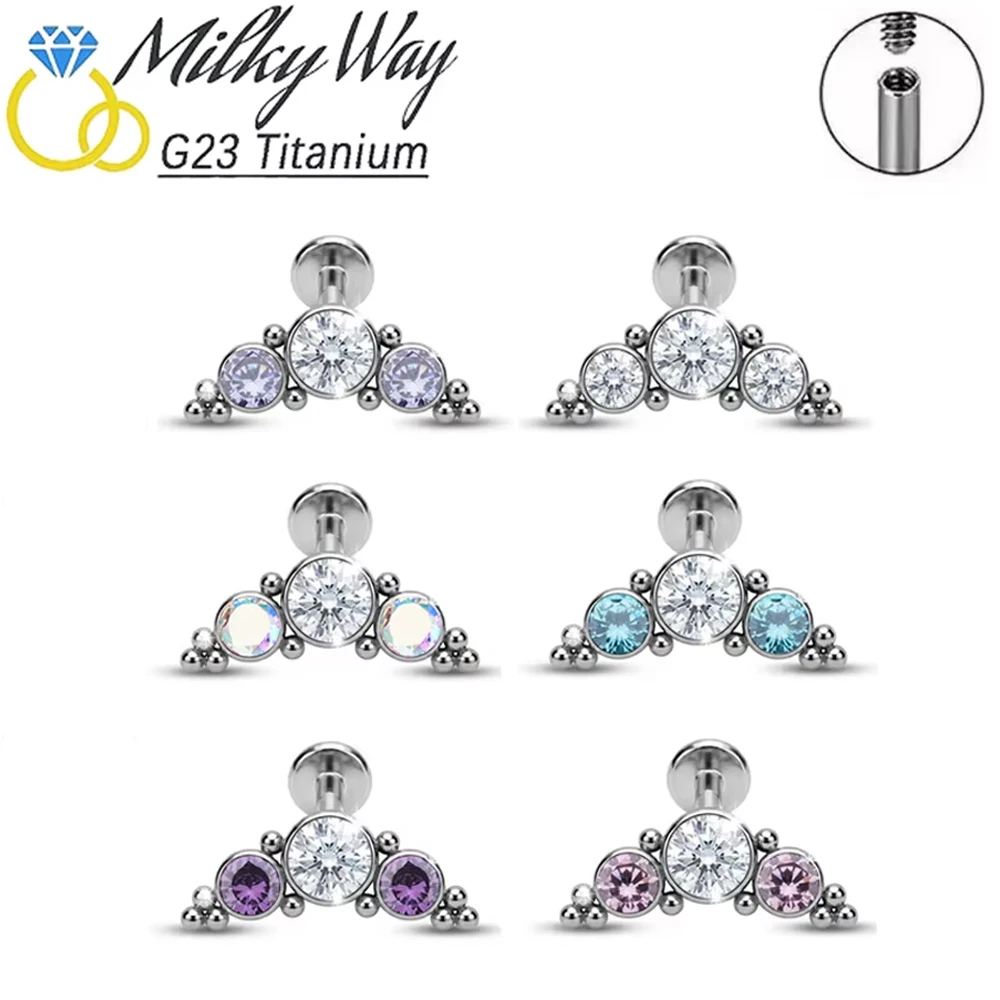G23 ASTM F136 Titanium 16G Cluster CZ Labret Lip Monroe Cartilage Ear Stud Internally Threaded Conch Ring Helix Piercing Jewelry