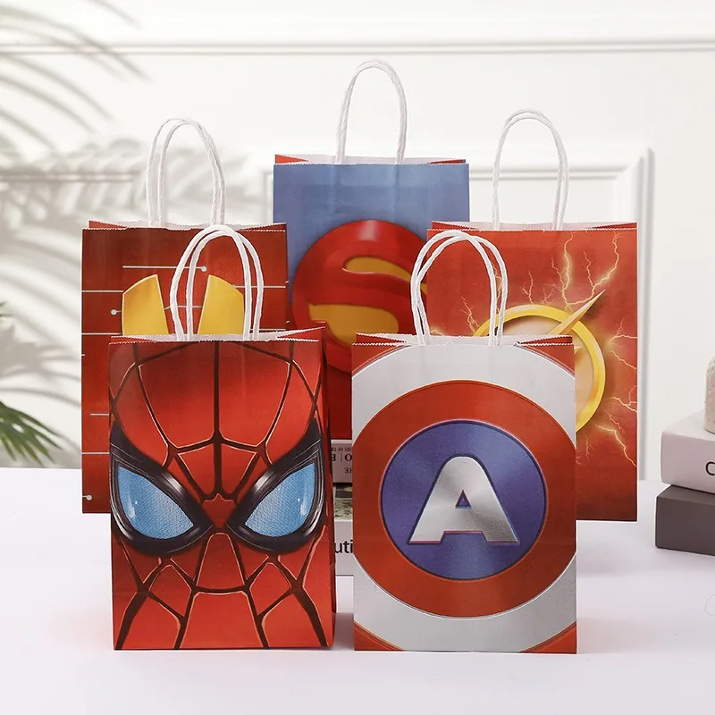 12pcs Disney Birthday Gift Bags For Boys Hulk Iron Man Spiderman Party Supplies Favors Kids Large Kraft Paper Bag Handle