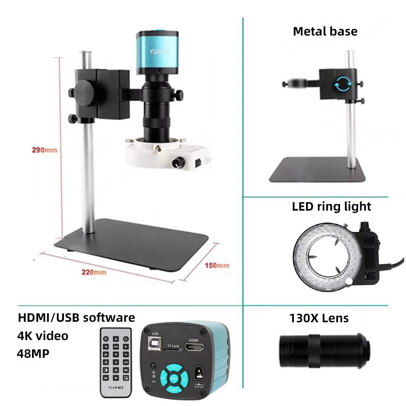 Câmera de Microscópio Digital para Reparação Eletrônica Solda Pcb Hdmi Usb Vga Lente Zoom 130x 4k 1080p 48mp 13mp 1080p