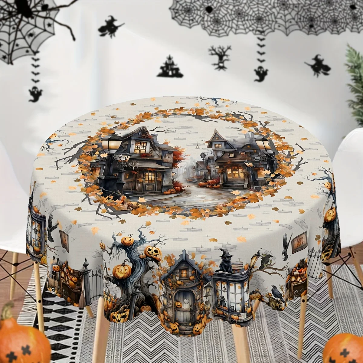 One rectangular tablecloth, Halloween-themed tablecloth, featuring images of crows, black cats and pumpkinszyc