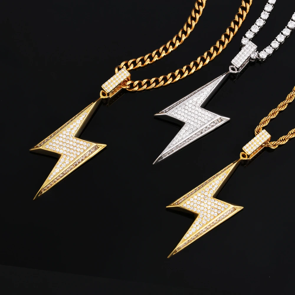 KRKC Drop Shipping 18k Gold Plated Thunder Flash Jewelry Bling Iced Out CZ Diamond Lightning Bolt Necklace Pendant