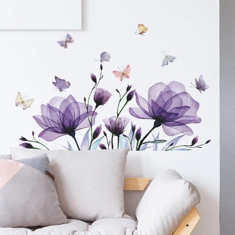 Romantic Purple Flowers Butterfly Bedroom Living Room Home Beautification Decorative Wall Stickers Wholesale Room Decoration