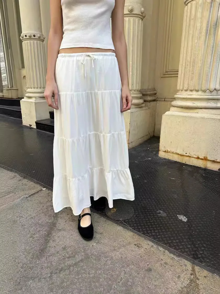 

Свободная юбка трапециевидной формы с поясом, длинная юбка с эластичной резинкой на талии, юбка-торт с высокой талией для поездок на работу, чистый цвет, осень 2024 г.