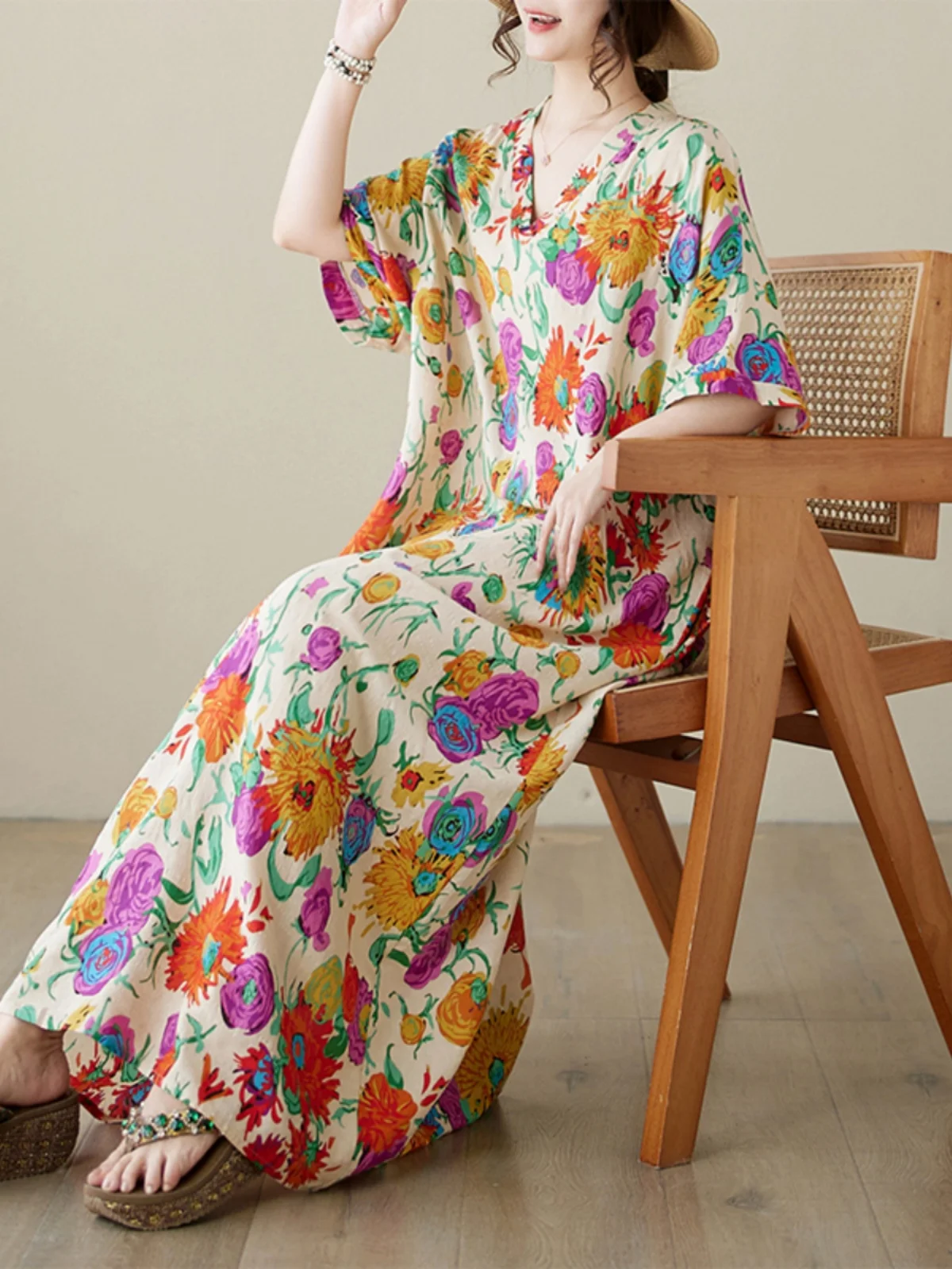 V-Neck Loose Cotton Linen Long Beach Skirt Summer Vacation Style Thin Cotton Large Size Women's plus Size Dress A-Line Skirt