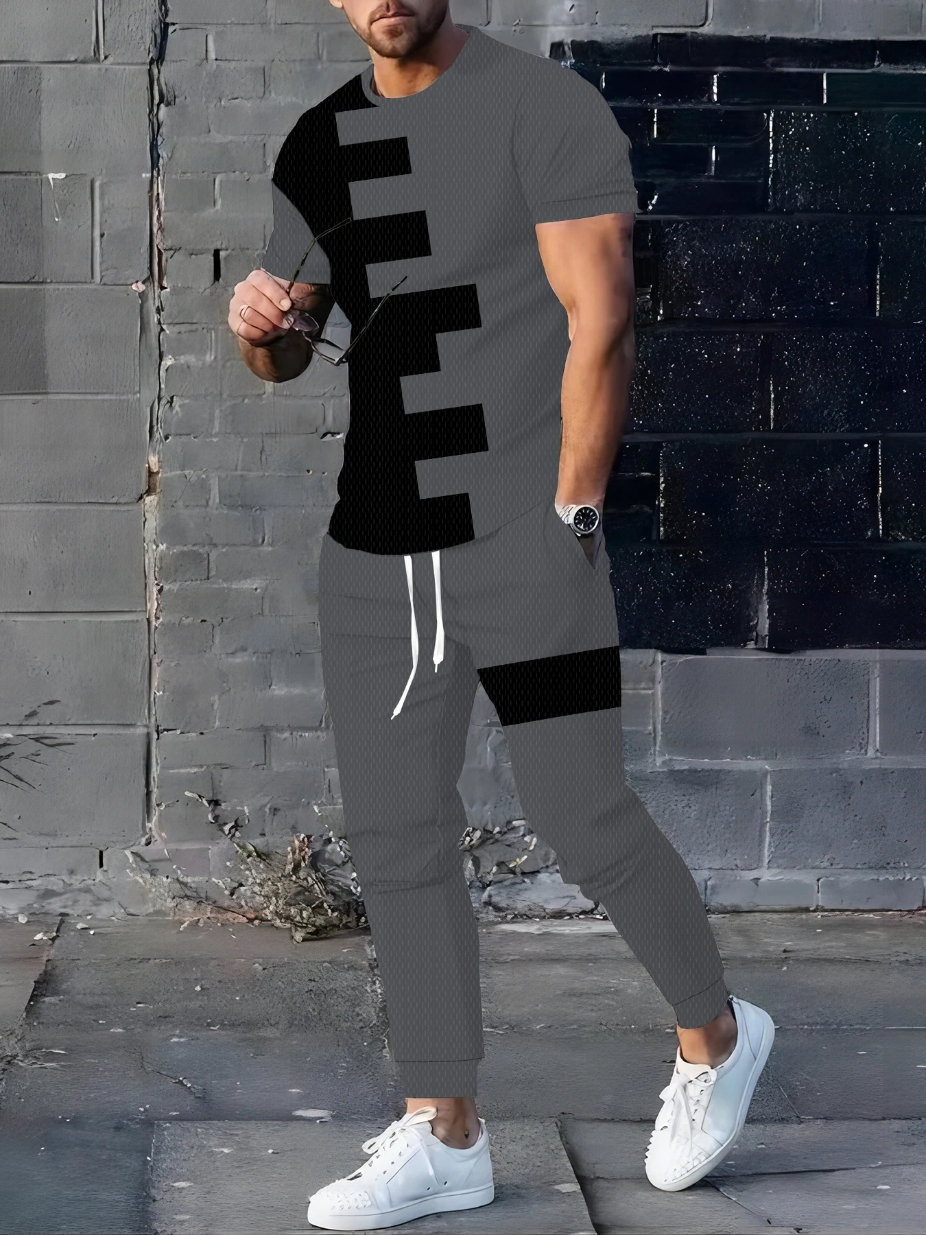 

A new summer streetwear white and yellow patchwork printed sporty casual fashionable comfortable and soft men's suit