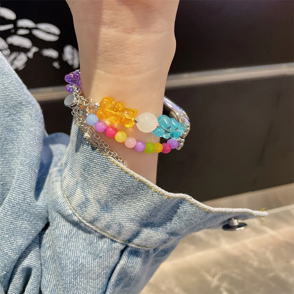 Strap For Xiaomi Mi Band 8 7 6 5 Watch Band For Miband 5/6/4/3 Fashion Y2K Resin Cute Bear Gummy Chain Metal Bracelet Wristband