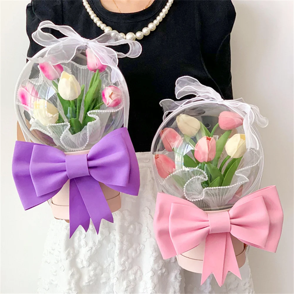 Acrylic Wave Ball Tulip Bouquet Decoration Hug Bucket Valentine'S Day Gift Box Transparent Round Diy Flower Packaging Box