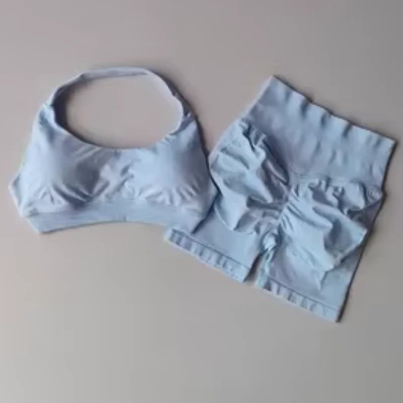 ชุดออกกำลังกายโยคะผู้หญิงคุณภาพสูงแบบใหม่ เสื้อกล้ามไร้ตะเข็บแบบผูกเชือก กางเกงขาสั้นออกกำลังกายแบบมีรอยขีดข่วน ชุดออกกำลังกายสำหรับผู้หญิง