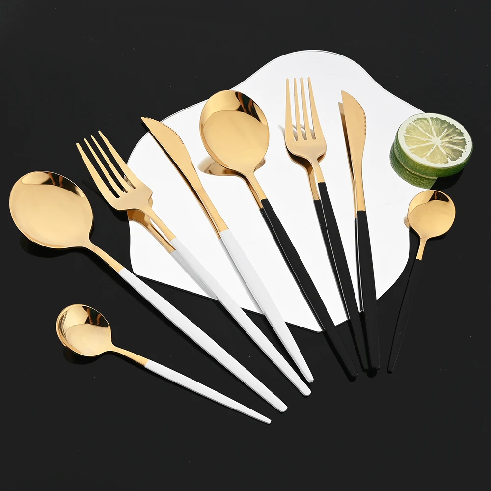 15-20Pcs White Gold Cutlery Set Korean Stainless Steel Tableware Fork Spoon Chopsticks Set Dinnerware Set Luxury Tableware Set