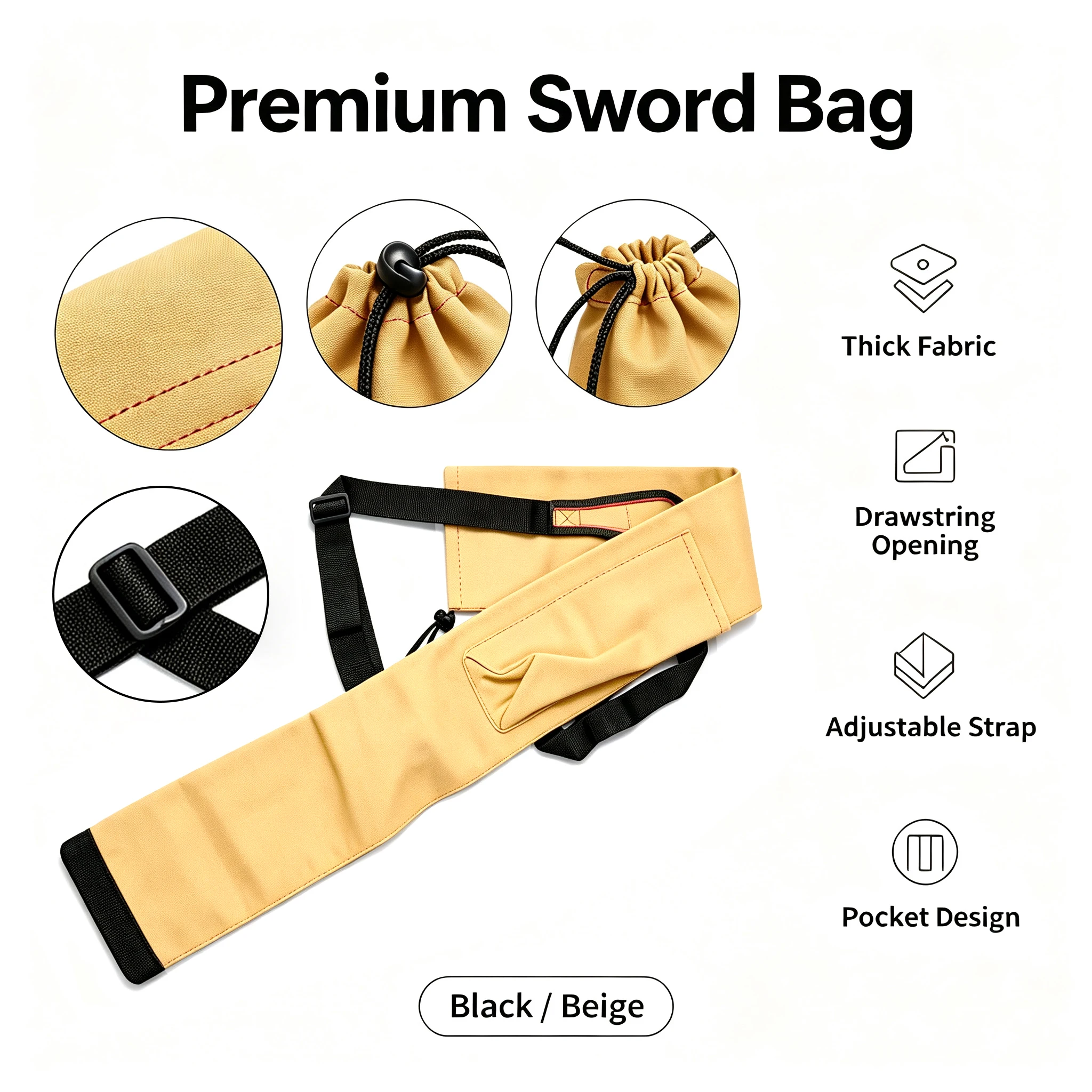 Premium Thick Canvas Sword Carry Bag Drawstring Closure Adjustable Shoulder Strap External Pocket Design Storage Sleeve Availabl