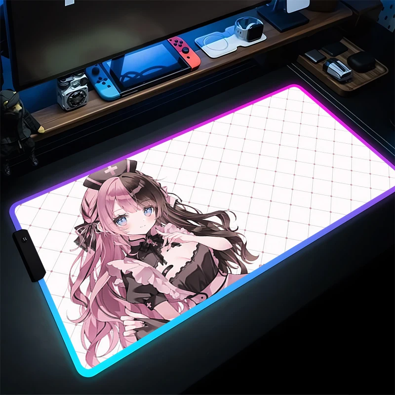 

RGB Mouse Pad Kawaii Anime Cute Girl Gamer Keyboard Pad LED Computer VSPO Hinano Tachibana Desk Mat Gaming Accessories Mousepad