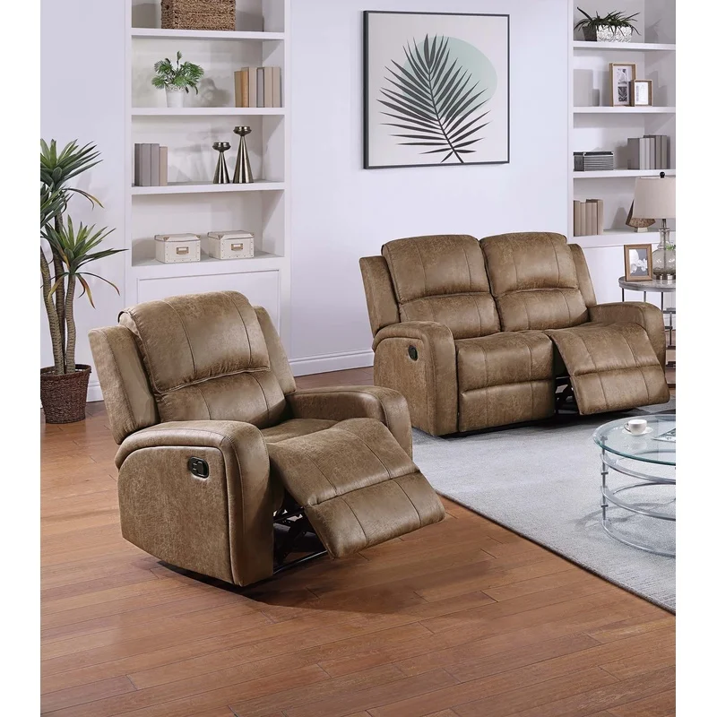 

Modern 2-Piece Living Room Set: Loveseat and Recliner with Square Armrest, Light Vertical Tufting, Chestnut Finish