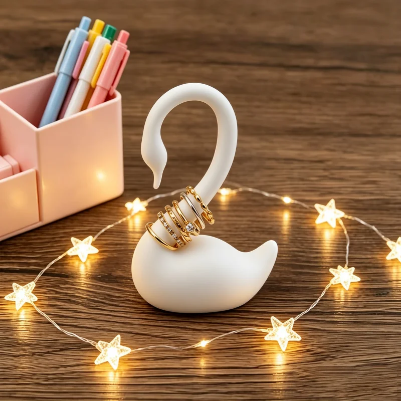 White Swan Ring Storage Holder 3D Printed Cute Jewelry Display Stand Small Desktop Organizer For Rings Earrings Trinkets