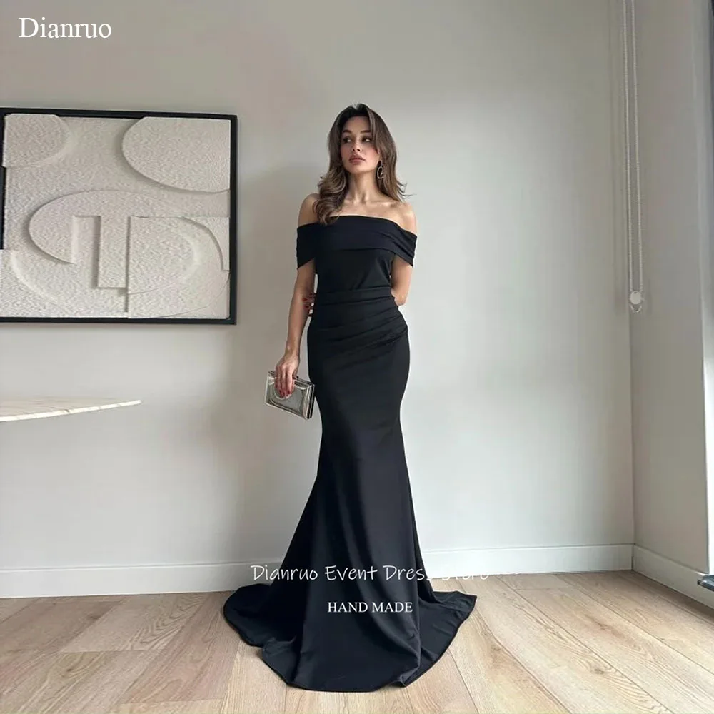 Dianruo Черные вечерние платья с короткими рукавами и рюшами со шлейфом Robe De Soirée Femme Русалка с открытыми плечами Халаты Habillées по индивидуальному заказу