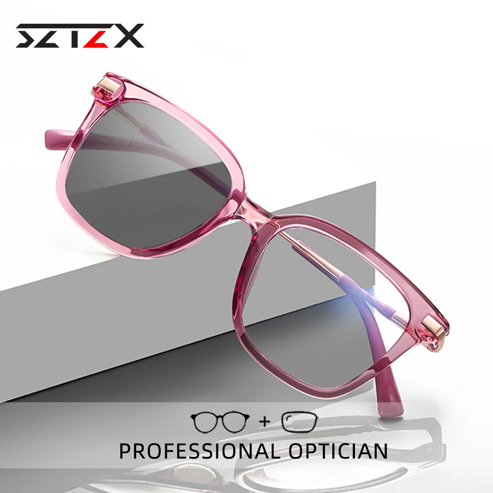 SZTZX Fashion Female Photochromic Anti Blue Ray Blocking Reading Glasses for Women Myopia Hyperopia Prescription Optical Eyewear