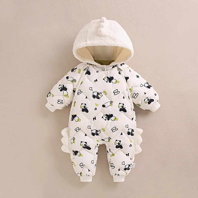 Winter Baby Boys Girls Rompers Cute Cartoon Panda Dinosaur Fleece Lining Thick Warm Hooded Bodysuit For Kids One Piece Overalls