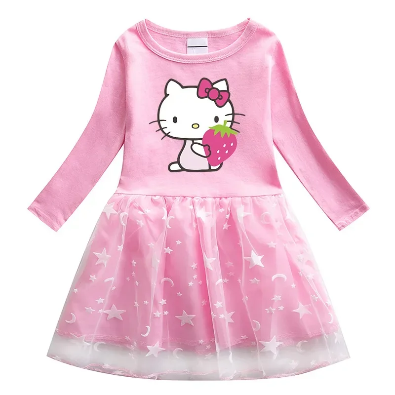 Sanrio hello kitty girl dress 2022 spring and autumn new children's clothing princess pleated star mesh dress