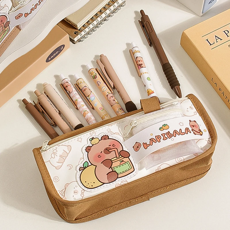 Kawaii Capybara Pencil Case Large Canvas Pen Bag School Pencil Case Cartoon Student Stationery Aesthetic School Supplies