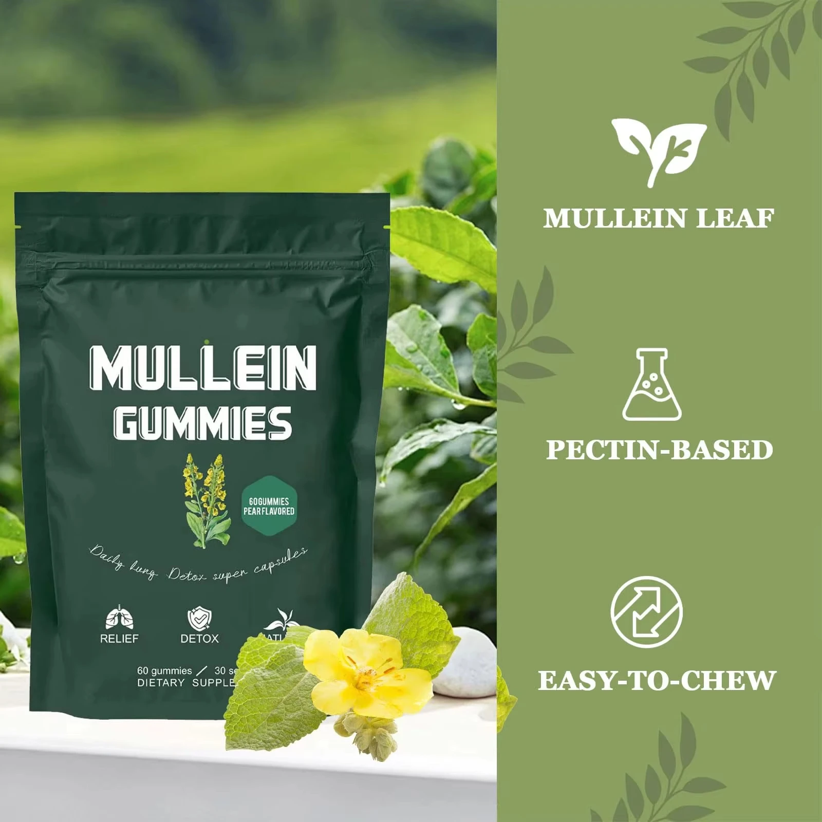 

Mullein Gummies, Daily Respiratory Health Gummies,1000mg Mullein Leaf herb Extract, Pear Flavor, Lung Health & Sinus Relief