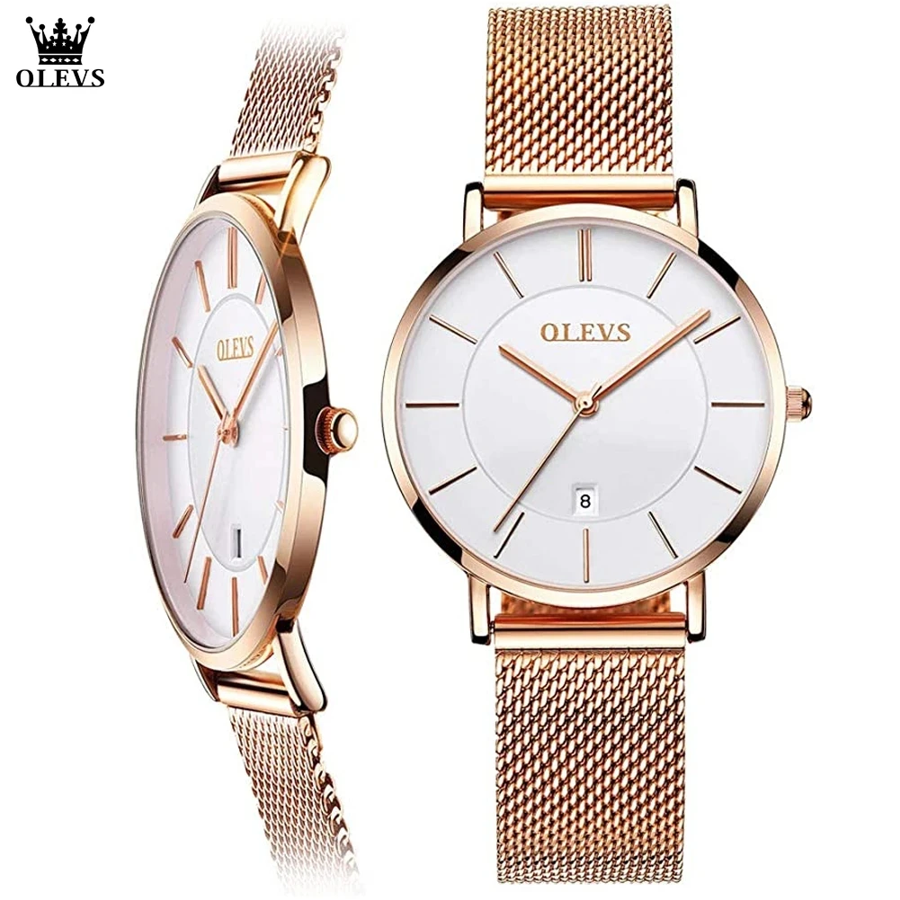 Olevs 6.5Mm Ultra Dunne Horloges Voor Vrouwen Rose Goud Roestvrij Staal Waterdichte Dames Horloges Grote Gezicht Quartz Horloge Gift doos