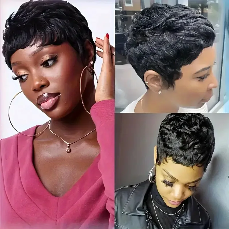 Pelucas de cabello humano liso Bob corto, Color Natural, cabello Remy brasileño, corte Pixie, peluca de cabello humano barata para mujeres negras