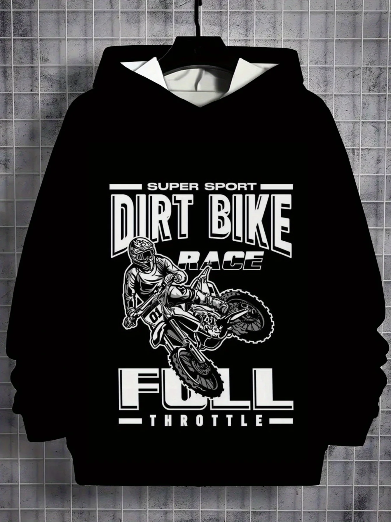 

Children's motorcycle printed hoodie with dirty machine pattern and the words' SUPER SPORT DIRT BIKE FULL THOTTTLE '