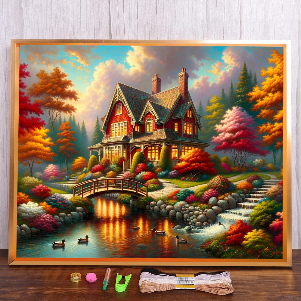 

Landscape Autumn Villa Cross-Stitch Complete Kit DIY Embroidery Handiwork Painting Sewing Needlework Different Jewelry Floss
