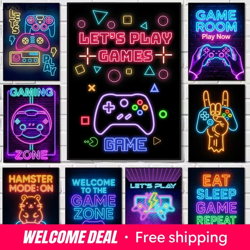 Eat Sleep Game Repeat Gaming Gamepad Game Zone Neon Sign Poster Printed Canvas Painting Wall Art Pictures Home Decor