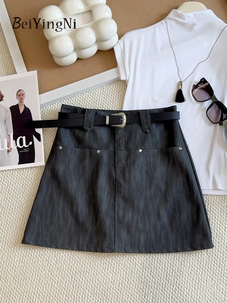 Beiyingni Vintage Spódnica w kształcie litery A z wysokim stanem, damska spódniczka mini ze skóry PU z paskiem, streetwear, z podszewką, wiosna-jesień 2025, Faldas