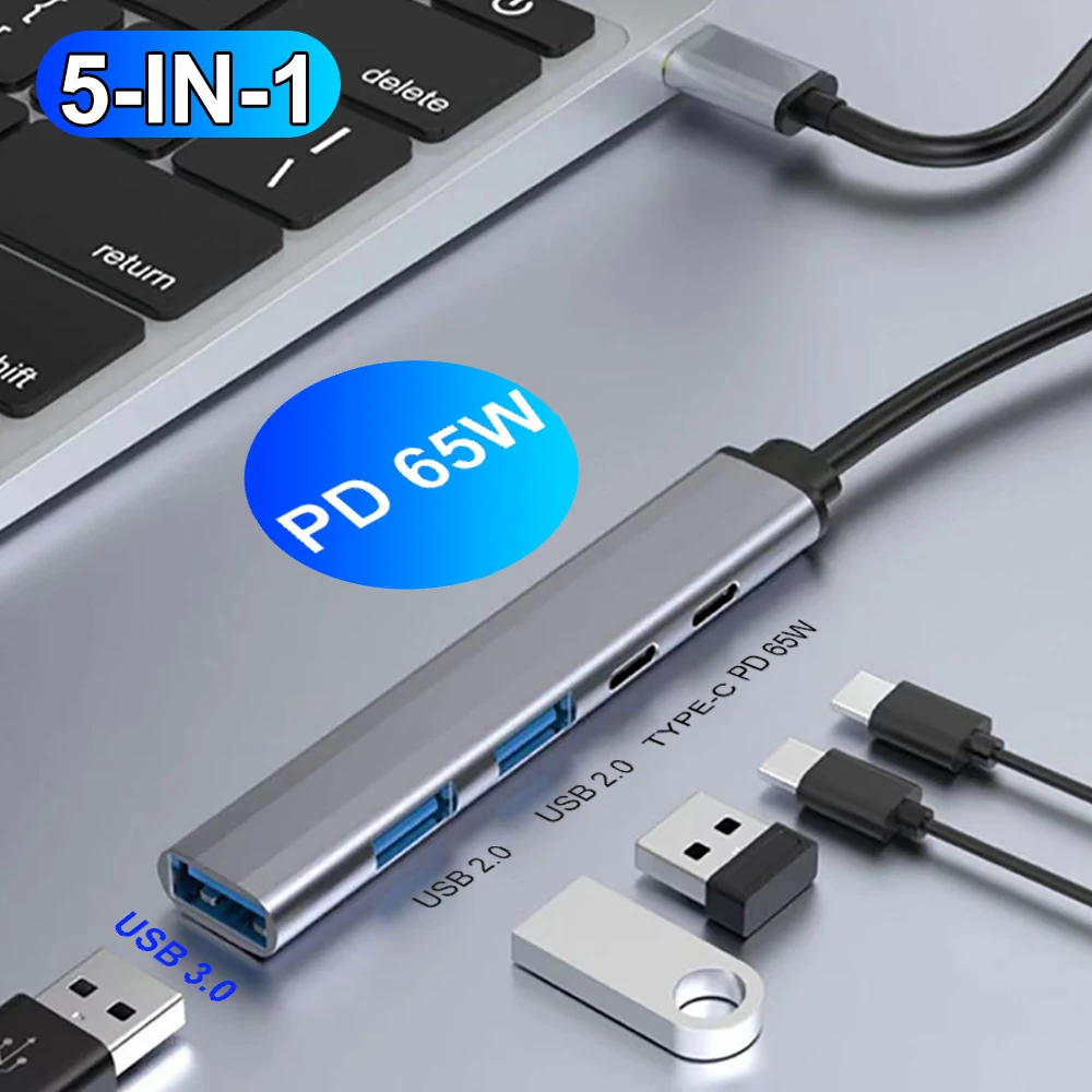 Hub Tipo C PD 65W com 5 Portas, Adaptador Multi Splitter USB3.0 OTG Compatível com Macbook Pro Air, Xiaomi, Lenovo e PC