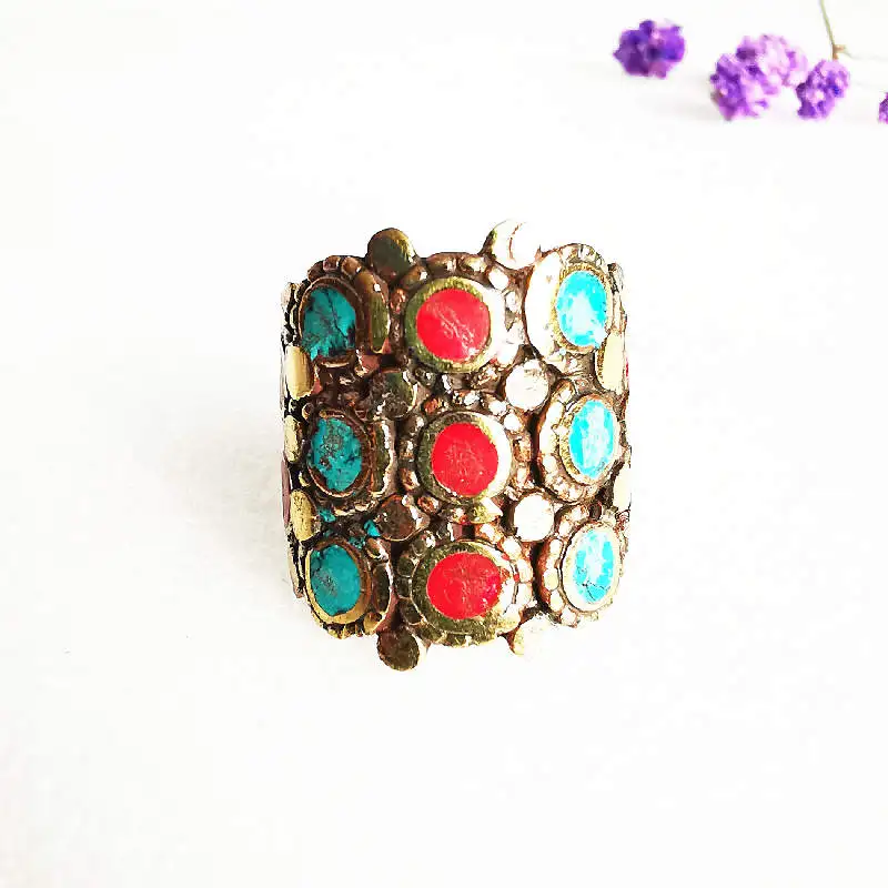 Nepal Vintage Jewelry Brass Inlay Colorful Stone Golden Finger Ring for Lady R028