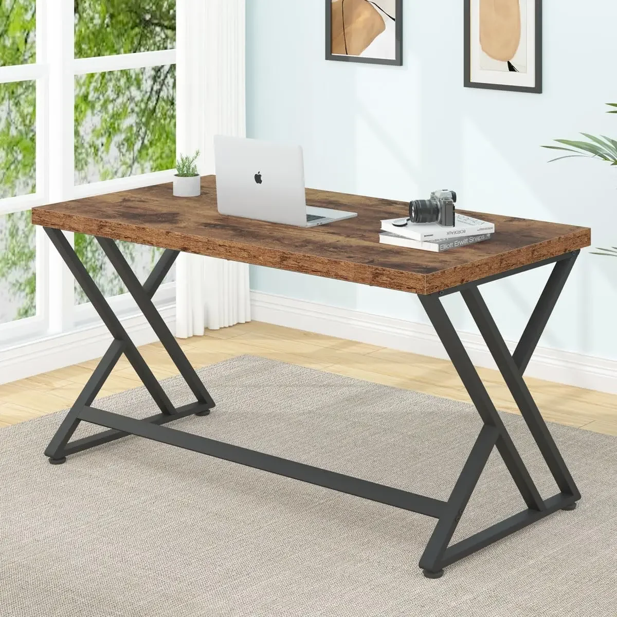 Industrial Simple Study Executive Desk for Writing Work, Wooden Student Gaming Computer PC Table with Storage for Bedroom