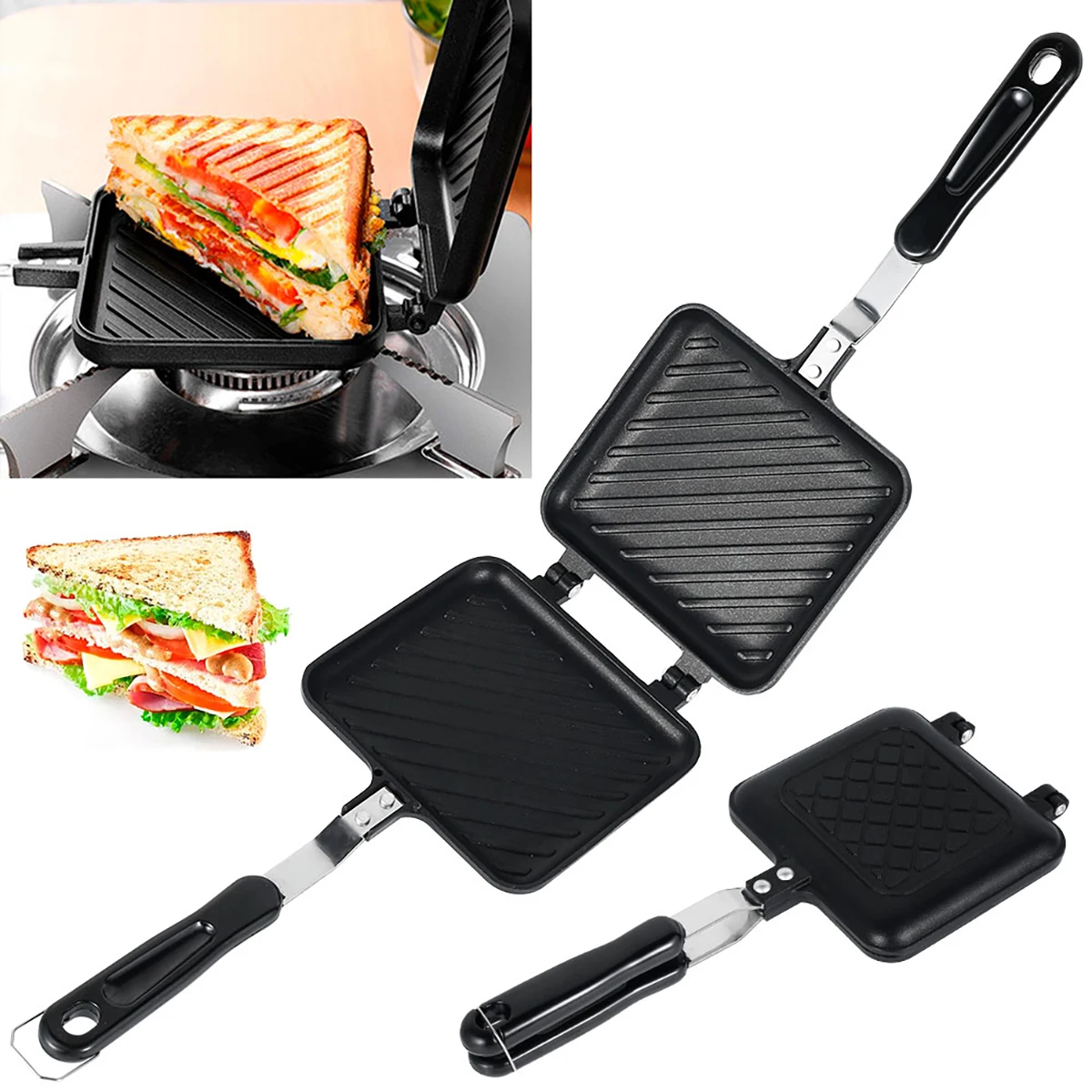 Doppelseitige Brot-Bratpfanne, antihaftbeschichtete Grillplatte, mehrere Zwecke, Sandwich-Toaster-Form, hitzebeständige Toastie-Waffel