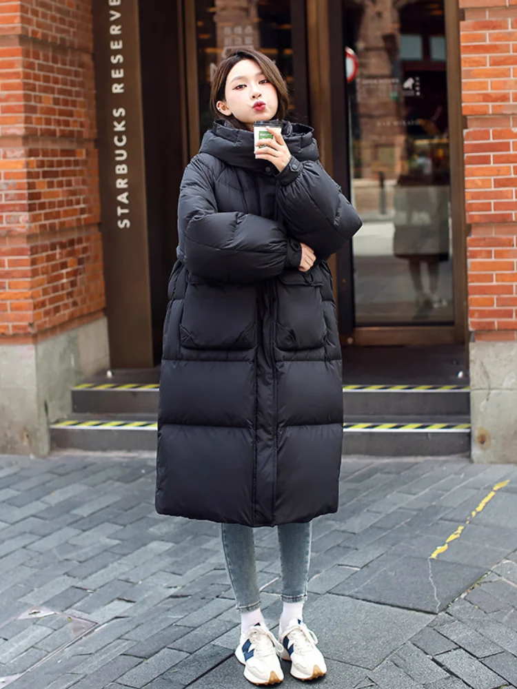 White Duck Down Jacket for Women, Oversized, Long, Slim, Hooded, Large Pockets, Parka, Elegant Temperament Coats