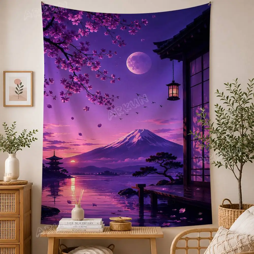 Japanese Fuji Mountain Cherry Blossom Tapestry, Purple Twilight Moon Landscape Aesthetic Sakura Night Sky Scenery Tapestry Decor