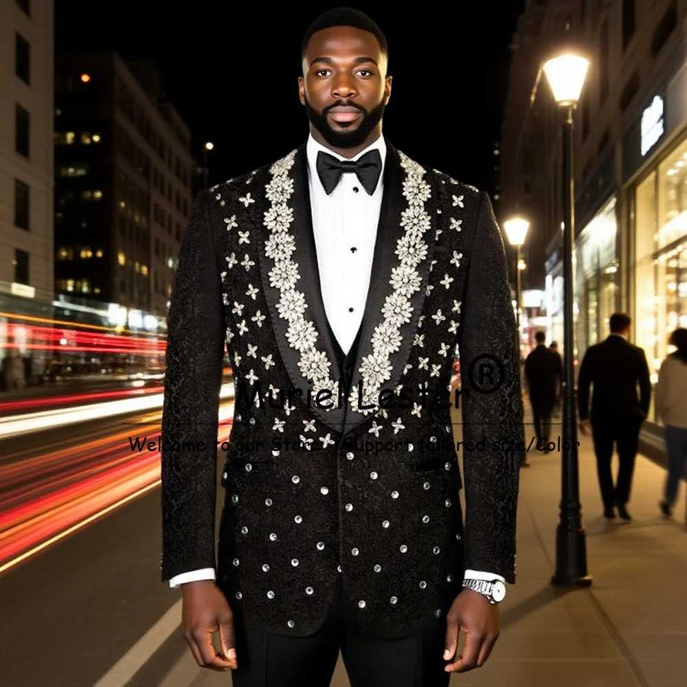 

Роскошные мужские костюмы с бусинами и камнями, комплекты из 3 предметов (пиджак, брюки с поясом), однобортный пиджак с длинным хвостом, индивидуальный свадебный смокинг жениха