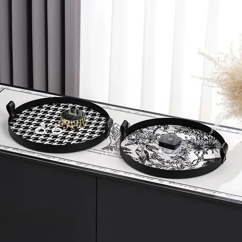 【Premium】AhunderJiaz Vintage Circular Cosmetic Storage Tray Aromatherapy Candle Display Tray with Leather Handle Home Decoration