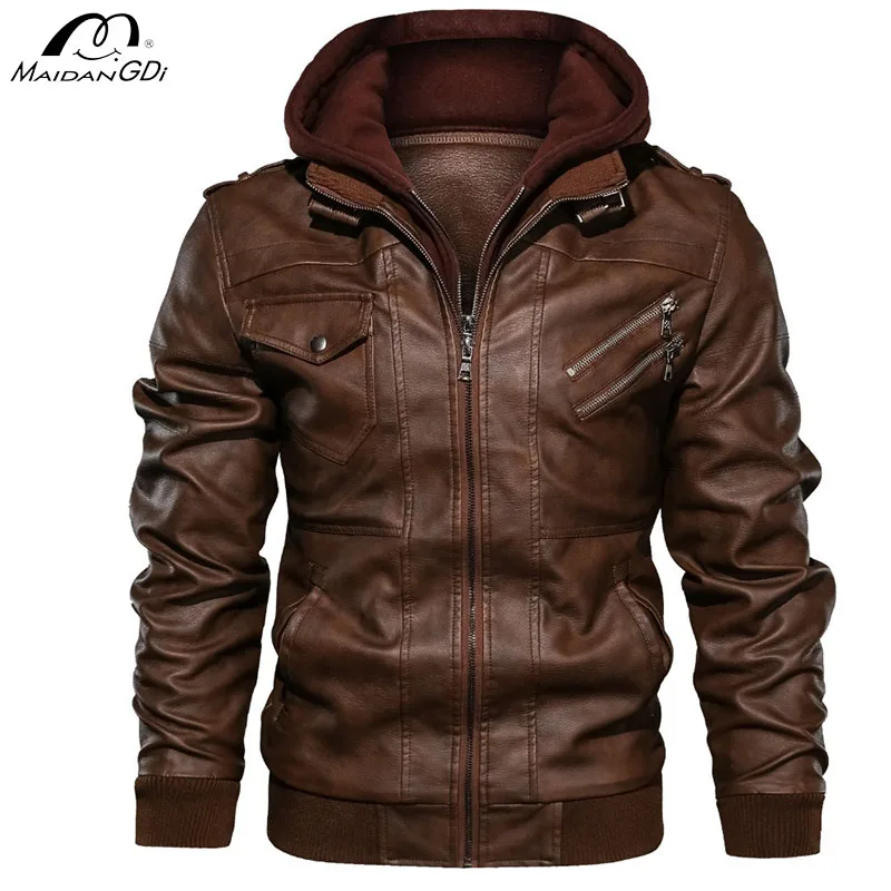 MaiDangDi 2025 Men's Leather Jacket Motorcycle Tough Guy Style Mens Jacket Detachable Hooded Lapel Top Large Size Male Clothing