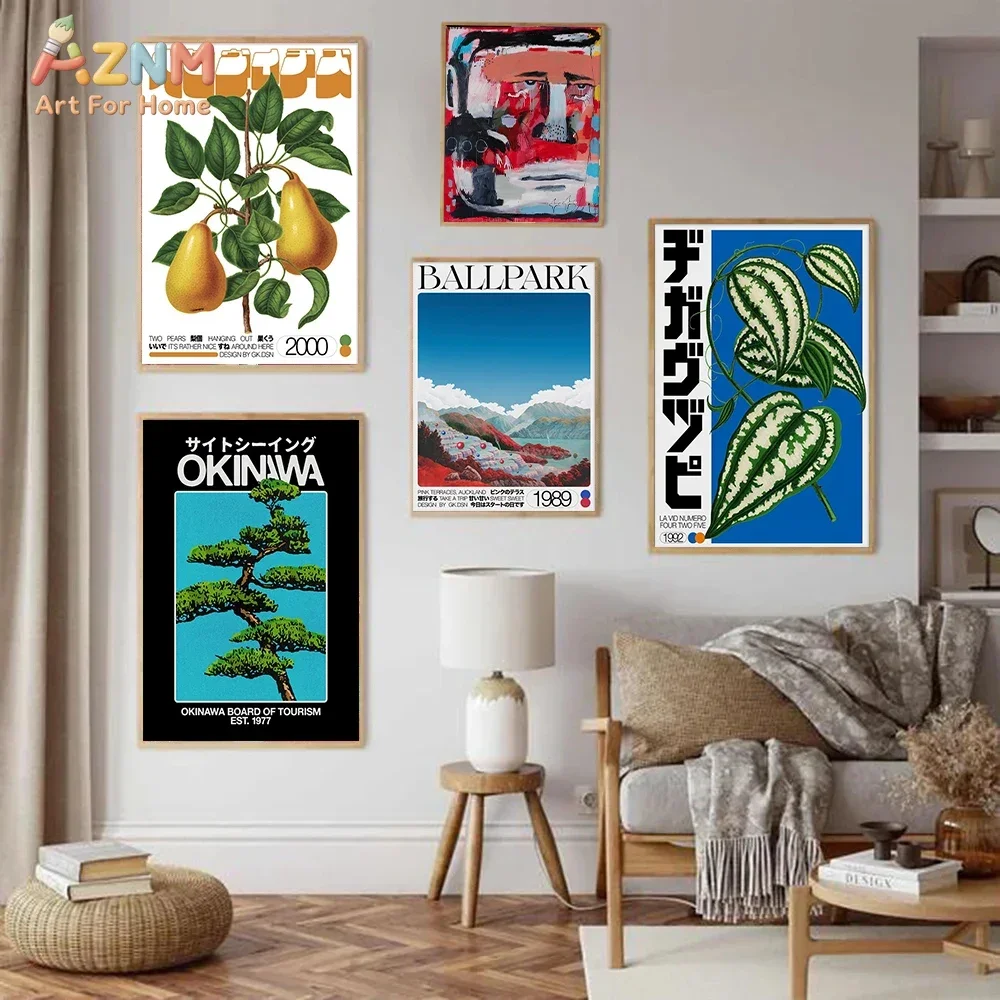

AZNM Japanese Retro Botanical & Landscape Canvas Wall Art Print, Frameless Single Panel Abstract Graphic Illustration Poster, Ec