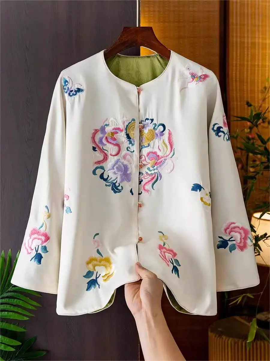 

Pink Embroidered Loose Fit round Ne Women's Jaet Chinese Sle Button up Cardigan Vintage Retro T Top for Autumn