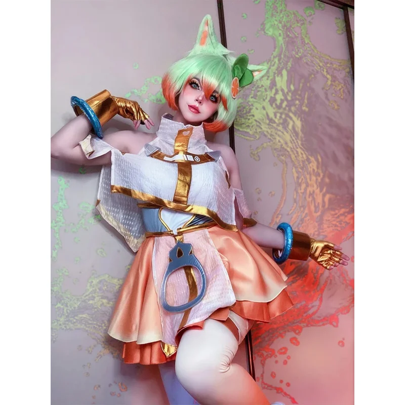 رولكوس-زي تنكري للنساء ، لعبة لول ، روح الطعام ، Ahri ، جلد جديد ، قلب حلو ، فاكهة ، تصميم برتقالي ، مجموعة كاملة