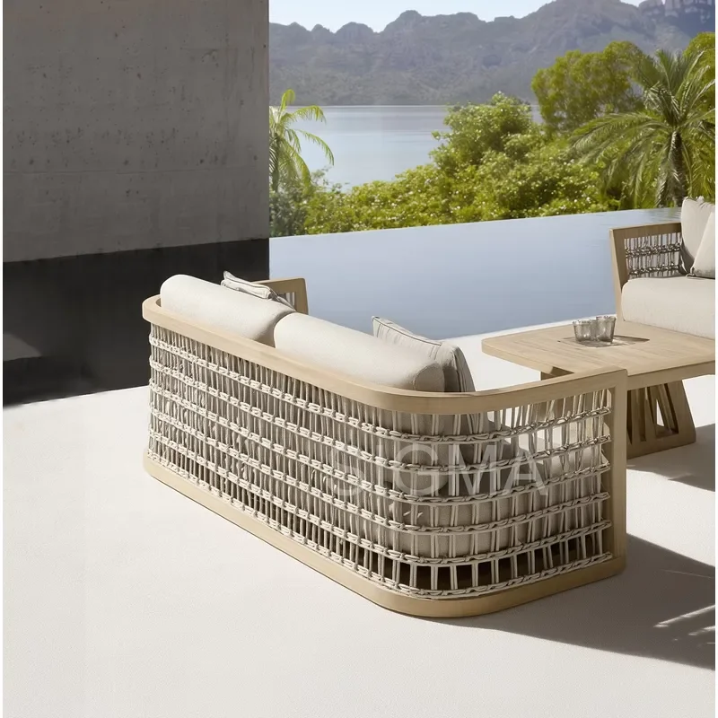 Teak Sofa Modern Furniture Lounge Sofa Set All Weathered PE Rattan Woven Design Outdoor Garden Set