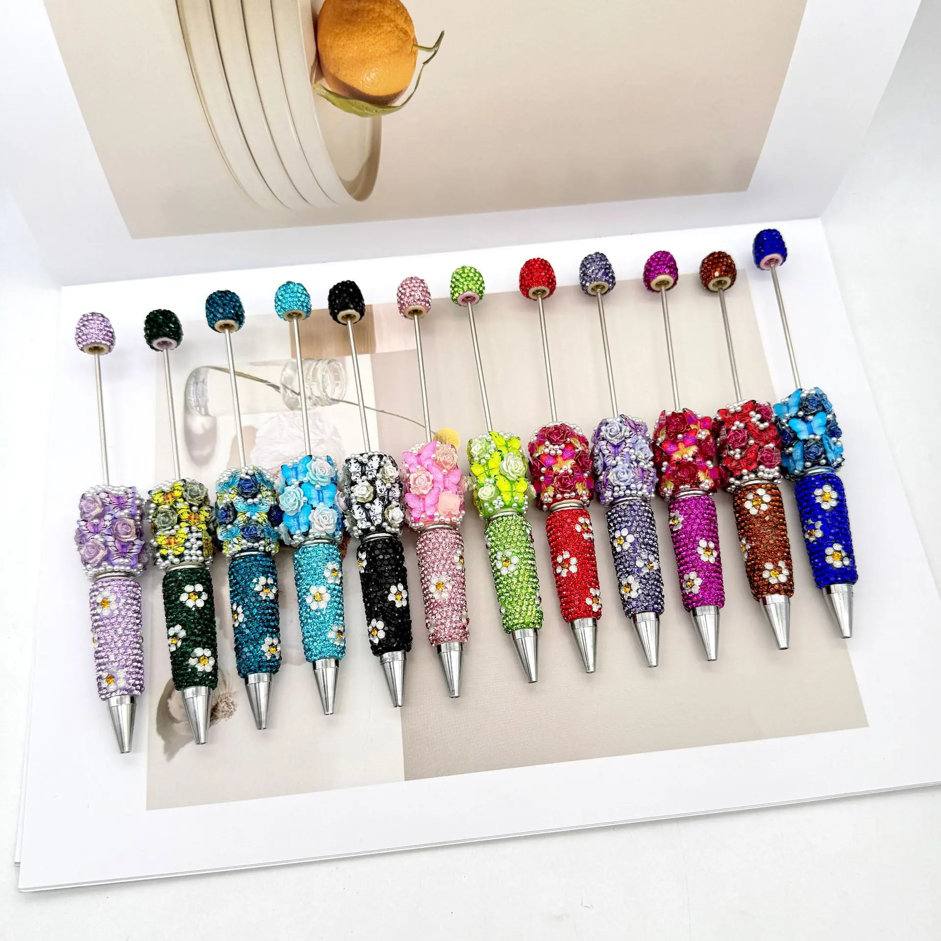 12Pcs Creative Butterfly Rose Diamond Bead Pen Multi Colored Pearl Daisy Ballpoint Pens Student Gift Pen Wholesale Stationery