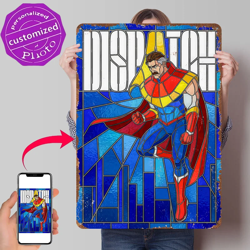 Superhero Dispatch in Stained Glass 3D Texture Printed Poster Custom Vintage Metal Tin Plate Sign for Wall Art Funny Signs Decor