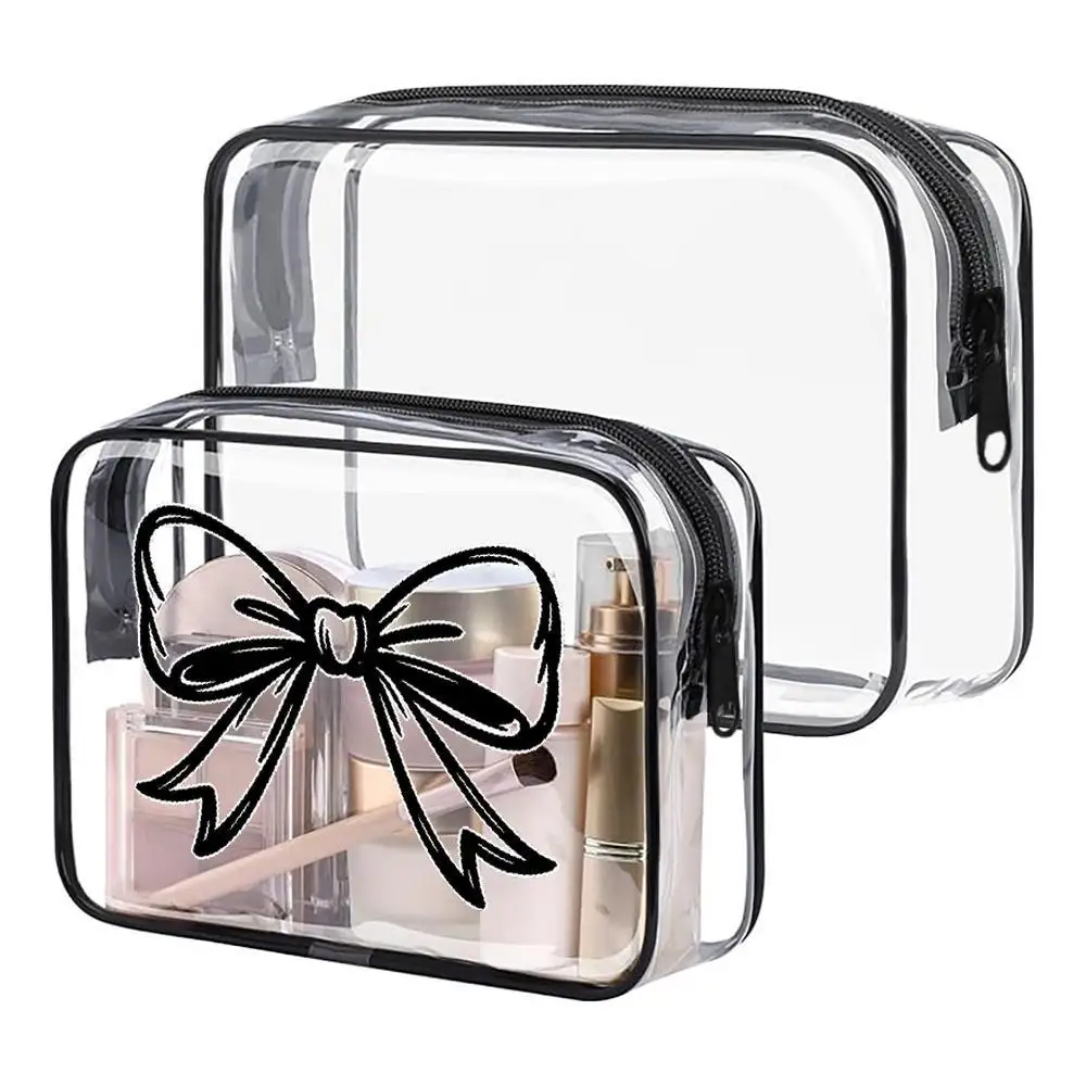 

Black Outline Bow Ribbon Clear PVC Zippered For Makeup Bag Minimalist Monochrome Line Art Design Portable Cosmetic Organizer Per