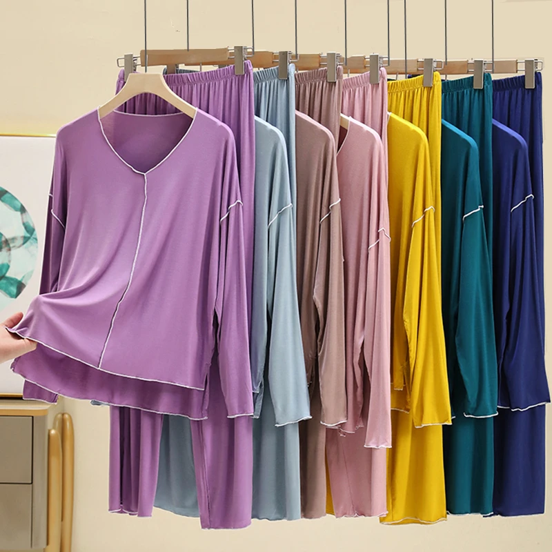 Women's V-Neck Long Sleeve Modal Sleepwear Casual Pants Home Clothes Set Thin Two-Piece Suit Comfortable Breathable Nightgown
