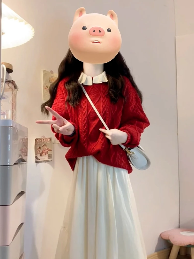 

Cisas Red Twist Knit Sweater Women's Loose Fit Winter Faion Sweet Sle Long Sve round Ne Warm Thiened Top