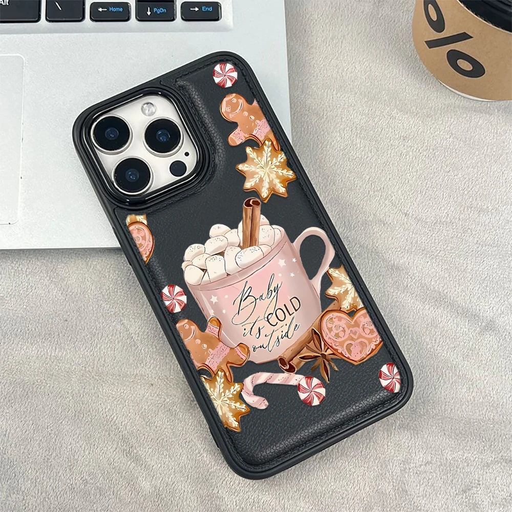 

Christmas Hot Drink Dessert Croissant Pattern Phone Case For iPhone 17 Air 16 15 14 Plus 13 12 11 Pro Max Leather Phone Cover