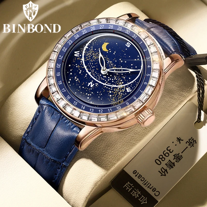 BINBOND Brand Rotating All Over The Sky Empty Diamond Men Watches Fashion Business Sun Moon Stars Waterproof Luminous Men Watch